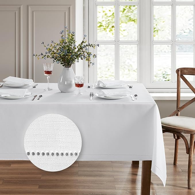 Elrene Home Fashions Alison Eyelet Border Design Wrinkle Resistant Fabric Tablecloth, 52"x52" Square, White