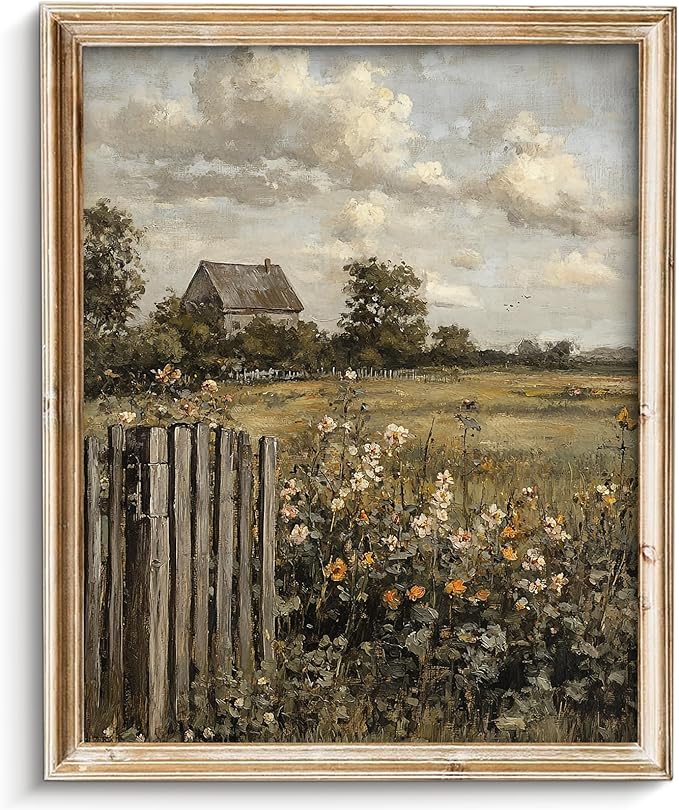 Vodefoad Vintage Farmhouse Wall Art,Cottagecore Landscape Wall Art, Rural Wildflower and Meadow Painting, Moody French Countryside Canvas Print for Gallery Home Bedroom Farmhouse Bedroom, or Moody Wall Art Lovers - 8x10Inch Unframe