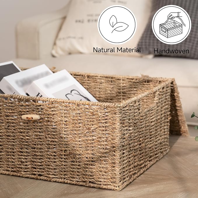 StorageWorks Extra Large Wicker Baskets with Lid for Organizing, Seagrass Storage Baskets for Shelves, Decorative Box with Built-in Handles, Natural, 1 Pack