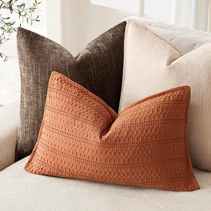 Foindtower Set of 2 Decorative Cotton Waffle Weave Lumbar Throw Pillow Covers Euro Shams Cushion Covers Accent European Pillowcase for Bed Couch Bedroom Living Room Home Decor 12×20 Inch Burnt Orange