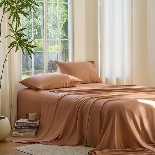 DOZ Sheet Set, 100% Viscose derived from Bamboo, Organically Grown, Buttery Soft, Cooling Sheets, High GSM, Deep Pockets - 2 Piece - 1 Pillowcase 1 Fitted Sheet (Clay, Twin XL)