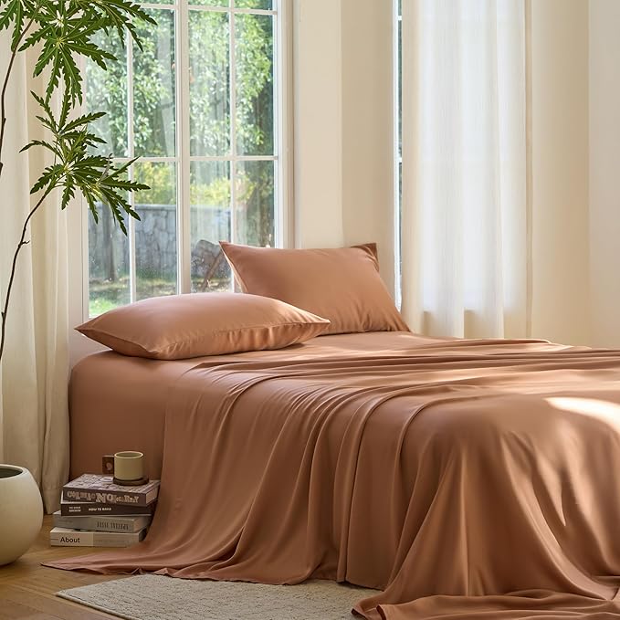 DOZ Sheet Set, 100% Viscose derived from Bamboo, Organically Grown, Buttery Soft, Cooling Sheets, High GSM, Deep Pockets - 3 Piece - 1 Pillowcase 1 Fitted 1 Top Sheet (Clay, Twin XL)