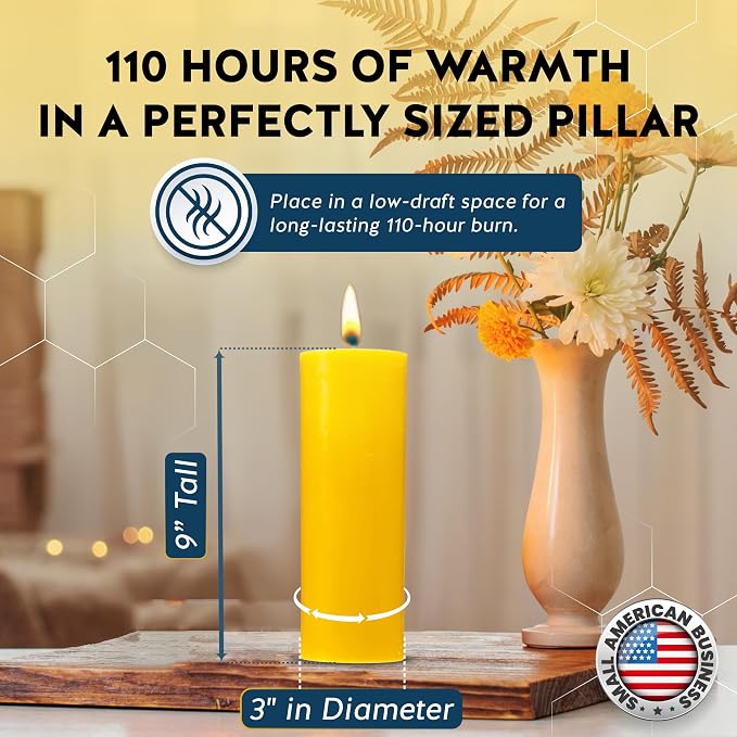 100% Pure Beeswax Candle – Long Lasting Burn – Non-Toxic & Hypoallergenic – Natural Honey Aroma – Handcrafted – Sustainably Sourced – Alternative Imagination – 3x9 Inch – Natural Yellow