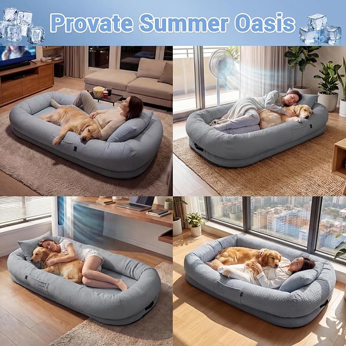 WROS Cooling Human Dog Bed for Summer, Breathable Washable Floor Lounger for People & Pets, 65"x36"x11", Glacier Grey, Pet Bed for Hot Weather Relaxing