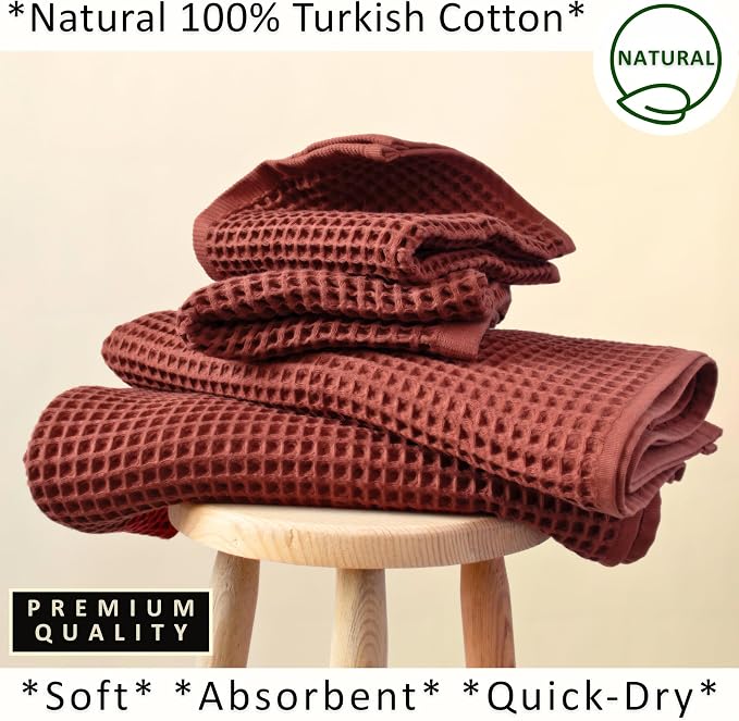PÜSKÜL 4-Piece Natural 100% Turkish Cotton Luxury Waffle Towels for Bathroom | Premium Quality Honeycomb Weave 2 Hand Towel & 2 Bath Towel Set | Soft Absorbent Quick-Dry Lightweight Towels (Brick)