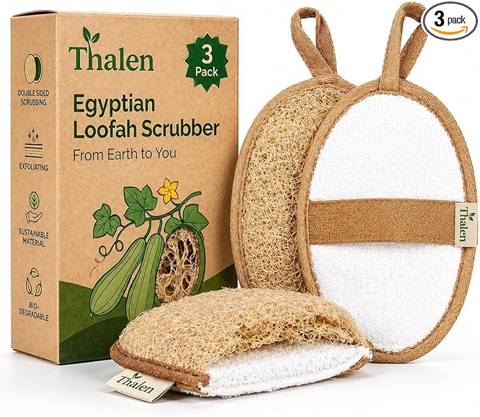 Natural Loofah Exfoliating Body Scrubber | Plastic Free, Non-Toxic, No PFAS, Organic Lufa Sponge | Lufas for Women | Bath Sponge | Zero Waste Egyptian Loofah Pack of 3 - Brown Cedar