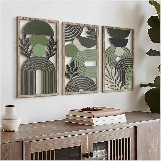 VIYYIEA Boho Solid Wood Carved Wall Art Set of 3, Geometric Minimalist Wooden Home Decor Panels, Handcrafted Solid Wood Wall Hanging for Living Room Bedroom Hallway, 16 x 8 Inch Each (Boho Green)