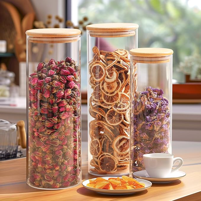 ComSaf Set of 9 Glass Storage Containers with Lids, Glass Jars with Bamboo Lids, Clear Food Storage Jar, Round Glass Canister, Pantry Organizers and Storage for Pasta Flour Rice Coffee Bean
