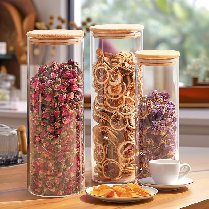 ComSaf Set of 9 Glass Storage Containers with Lids, Glass Jars with Bamboo Lids, Clear Food Storage Jar, Round Glass Canister, Pantry Organizers and Storage for Pasta Flour Rice Coffee Bean