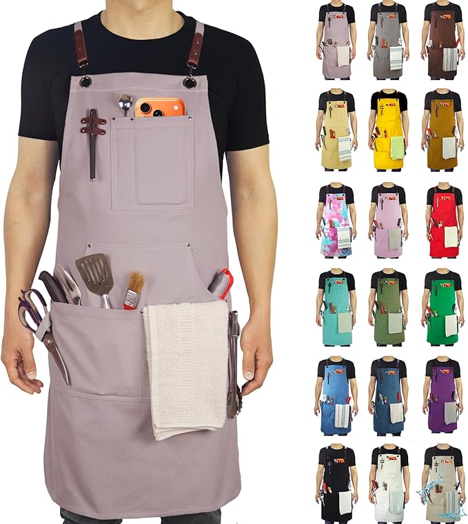 Kitchen Apron, Work Apron, Canvas, Multiple Pockets, Gardening, Painting, BBQ, Artist, Carpenter, Sizes M to XXL, Grey