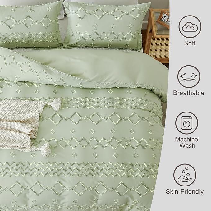 EMME Boho Duvet Cover Twin Size Sage Green - 2 Pieces Soft & Breathable Tufted Shabby Chic Embroidery Bedding for All Seasons, 1 Duvet Cover with 1 Pillow Shams & Zipper Closure (Sage Green, Twin)