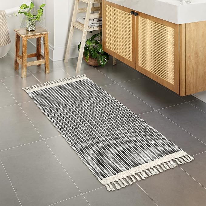Lahome Belle Boho Bathroom Runner Rug, 2x5 Laundry Room Washable Rugs for Entryway Cotton Grey Area Mat with Tassels, Farmhouse Throw Mats Non Shedding Carpet Runner for Hallway Door