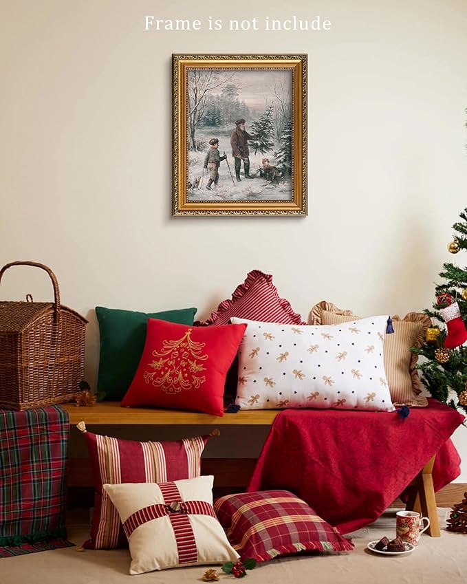 Vodefoad Vintage Christmas Wall Art Winter Landscape Painting Retro Xmas Antique Rustic Canvas Print Snowy Christmas Winter Print for Gallery Bedroom Bathroom - 8x10Inch Unframe