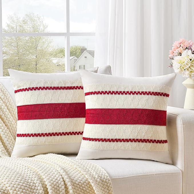 Fancy Homi Set of 1 Boho Red Decorative Throw Pillow Cover 18x18 Inch for Couch Bed Sofa, Aesthetic Modern Organic Farmhouse Home Decor, Soft Cotton Cute Accent Macrame Woven Cushion Case