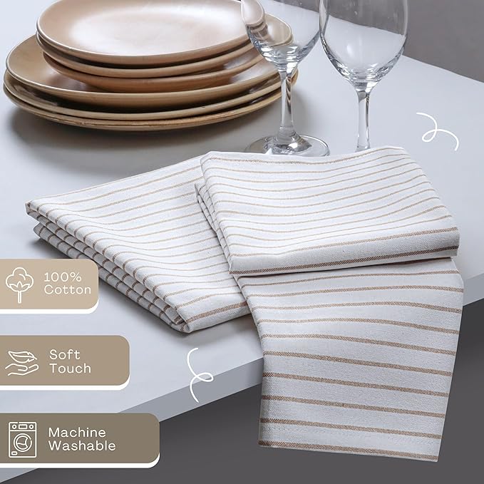 Beige Stripe Cloth Napkins (Set of 6), 18x18 Inch, 100% Cotton, Machine Washable, Classic Striped Table Linen for Farmhouse Dining, Rustic Meals, Everyday Use & Special Occasions
