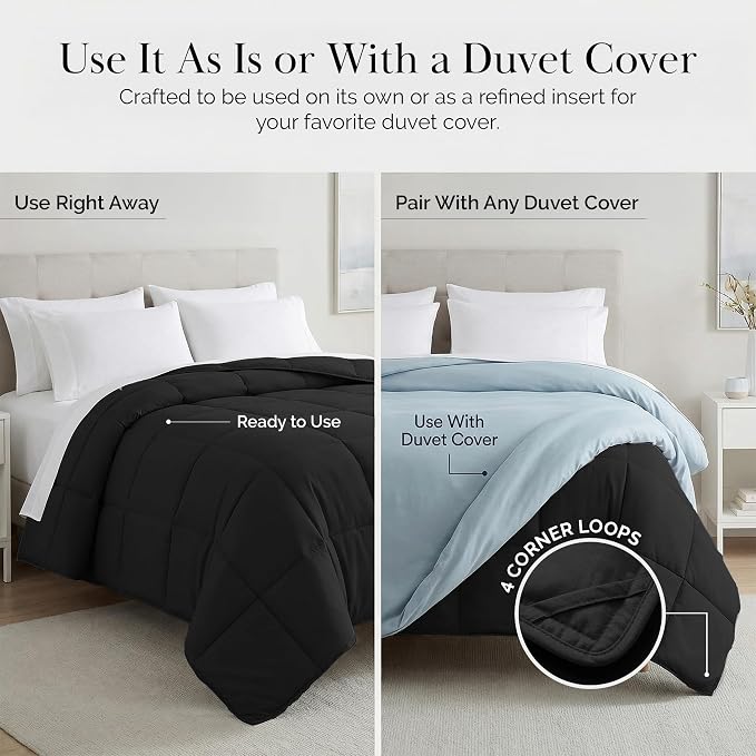 Southshore Fine Living, Inc. Black Comforter Queen / Full Size Down Alternative Duvet Insert, Full / Queen Comforter for Vacation Homes, Soft and Cozy Bedding, Machine Washable, Black Comforters