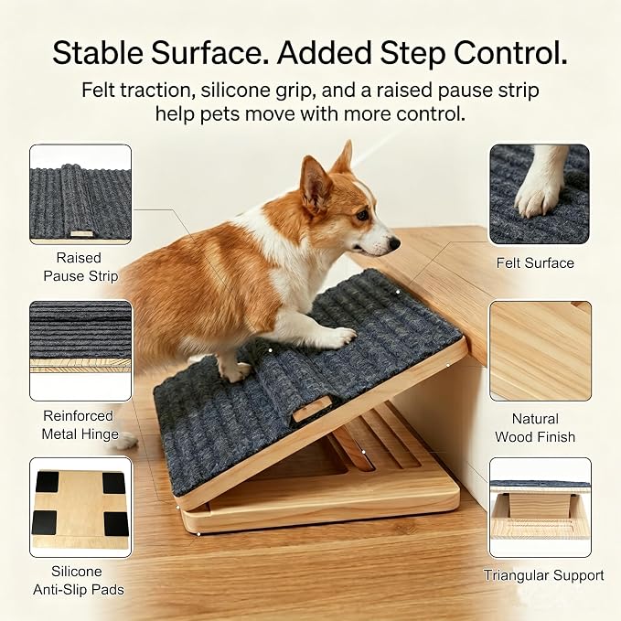 2 Pack Dog Ramp for Stairs – Solid Wood Adjustable & Foldable, 4 Heights, Non-Slip Silicone Base, Traction Felt, Raised Pause Strip, 35lb for Small & Senior Dogs