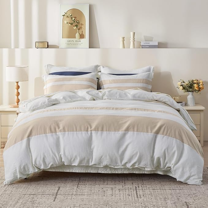 Simple&Opulence French Linen Duvet Cover Set with Stripe 104”x92”, 3 Pieces(1 Comforter Cover and 2 Pillow Shams) Rustic Natural Flax Cotton Blend(King,White and Linen)