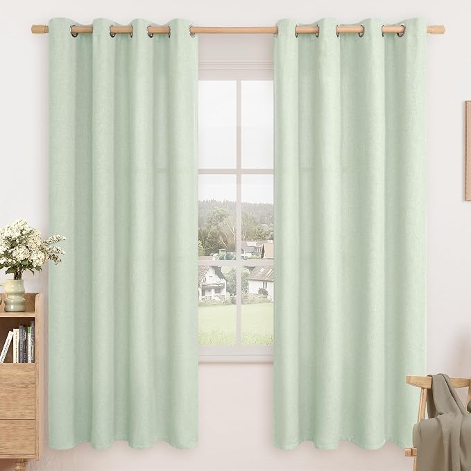 LAMIT Thermal Linen Curtains for Living Room, 72 Inch Linen Textured Light Reducing Curtains Grommet Privacy Boho Panels for Bedroom/Farmhouse, Set of 2 Panels, W52 x L72, Light Green