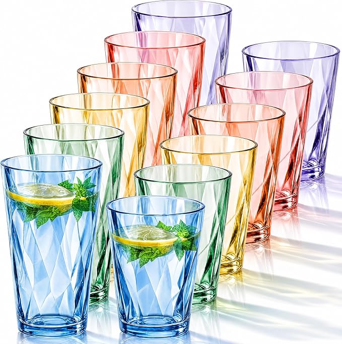 LemonRoad 12 Pack Reusable Plastic Drinking Glasses Set - 20oz &13.5oz Stackable Tumbler, Shatter-resistant Highball Cup for Water, Cocktail, Iced Coffee, Indoor Outdoor, BBQ, Patio, Pool (Multicolor)
