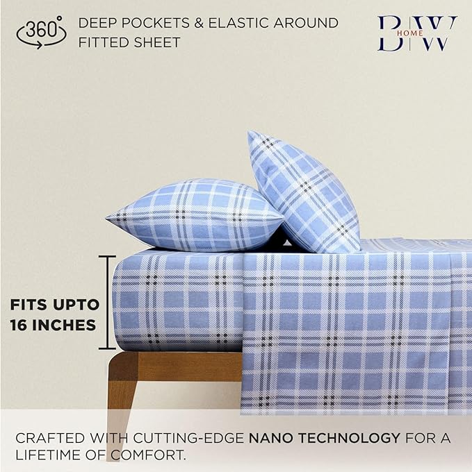 Briarwood Home® Printed Flannel Sheet Set, 100% Natural Cotton, Soft, Warm & Deep Pocket, Advanced Nano-Tech Making it Resistance to Pilling; Brushed 6 Times for Softness (Blue Plaid, Full)
