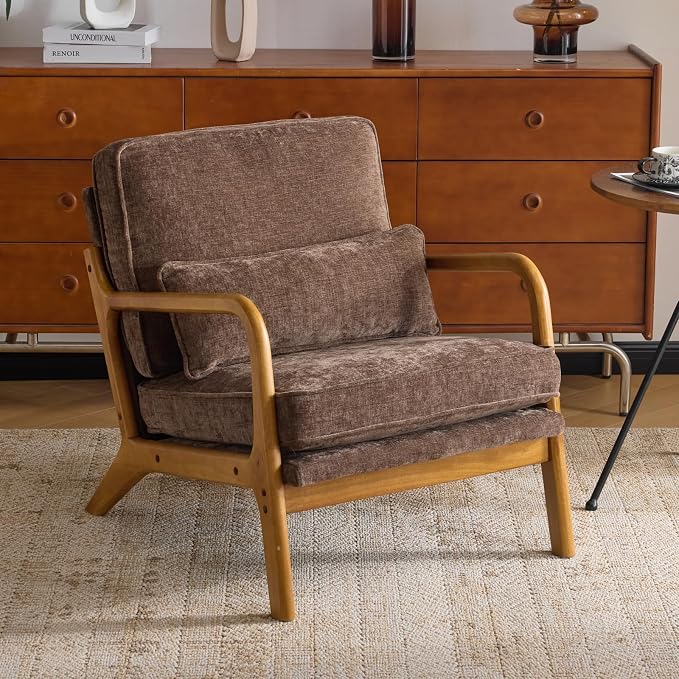 Karl home Mid-Century Modern Accent Reading Chair, Brown | Chenille Upholstered, Solid Wood Frame, Soft Cushion, Lumbar Pillow, Lounge Armchair for Living Room, Bedroom, Balcony, Study