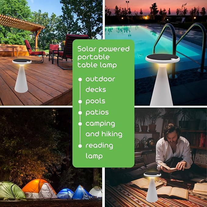 Portable Solar Powered Mushroom LED Table Lamp - Indoor/Outdoor Use - Stepless Dimming - Up to 45 Hour Rechargeable Battery - 1.6W, 160 lumens, 2700K - IP44 Weather Resistant - White