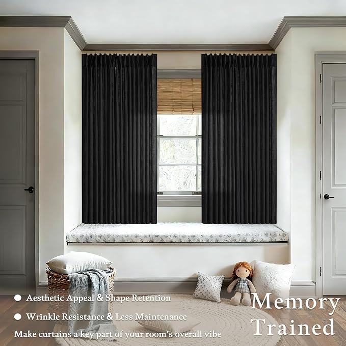 Pinch Pleat Black 72 Inch Curtains for Bedroom Rustic Linen Blend Viral Pleated Semi Sheer Window Drapes Light Filtering Privacy Cottagecore Office Sunroom Cabin Closet Curtain Back Tab Black 50x72