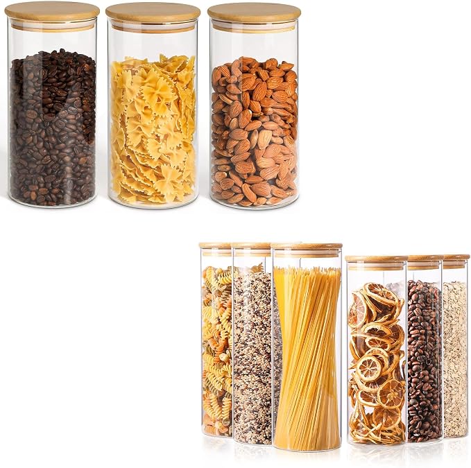 ComSaf Set of 9 Glass Storage Containers with Lids, Glass Jars with Bamboo Lids, Clear Food Storage Jar, Round Glass Canister, Pantry Organizers and Storage for Pasta Flour Rice Coffee Bean