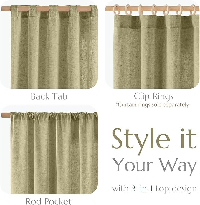 jinchan Linen Blend Curtains 63 inch Length 2 Panels for Bedroom Living Room, Semi Sheer 50 inch Wide Farmhouse Cottage Core Style Drapes with Rod Pocket Back Tab(50W x 63L, Sage Green)