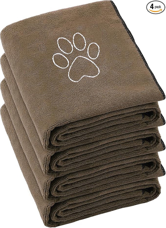 Chumia 4 Pack Dog Towels for Drying Large Microfiber Grooming Tools Absorbent Soft Bath Supplies with Embroidered Paw for Small Medium Pet Products(16 x 32 Inch,Brown)