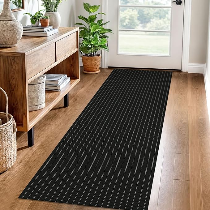 EARTHALL Washable Runner Rug 2x6 Ft Non Slip Runners for Hallways Cotton Rubber Backed Kitchen Runner Braided Indoor Floor Carpet Runners for Entryway, Hallway, Kitchen, Bedroom, Black/Grey