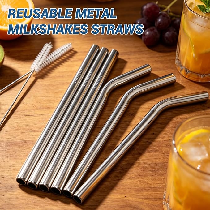 6 Pcs Reusable Metal Straws, 8.5” x 0.47” Extra Wide Metal Straws Reusable Stainless Steel Straws with 2 Cleaning Brush, Metal Milkshake Straw for Smoothies Bubble Beverage, Smoothies Straws