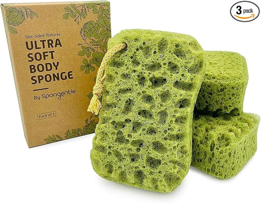 Spongentle Loofah Sponge for Shower and Bathing, Bath Sponge with Dual Texture, Shower Pouf for Gentle and Deep Exfoliation, Large Size Body Scrubber for Men & Women, PU Foam, 37% More Lather, 3 Pack