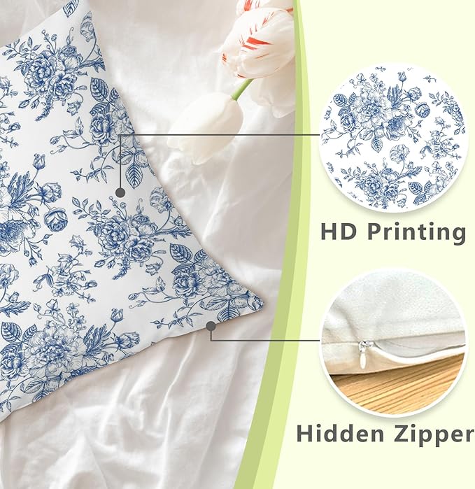 Vintage Blue Toile Floral 18x18 Pillow Cover, French Country Decor, Grandmillennial Blue and White Flower Aesthetic Decorative Throw Pillow Cover for Home Bedroom Living Room