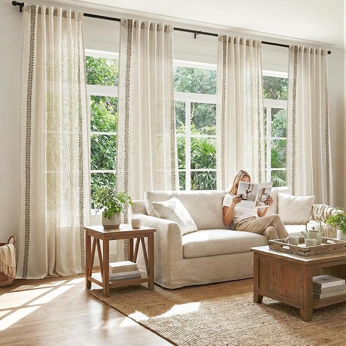 jinchan Beige Linen Blend Curtains with Woven Trim Boho Curtains 108 Inches Extra Long 2 Panels Living Room Bedroom Light Filtering 50 Inches Wide Rustic Farmhouse Drapes Rod Pocket Back Tab Ecru