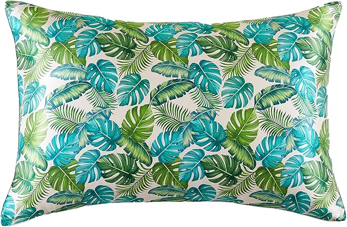 THXSILK Natural Mulberry Silk Pillowcase for Hair and Skin, Mulberry Silk Bed Pillow Case with Hidden Zipper, 1pc, Standard Size(20"x26"), Organic Silk Pillowcase with Green Monstera Print