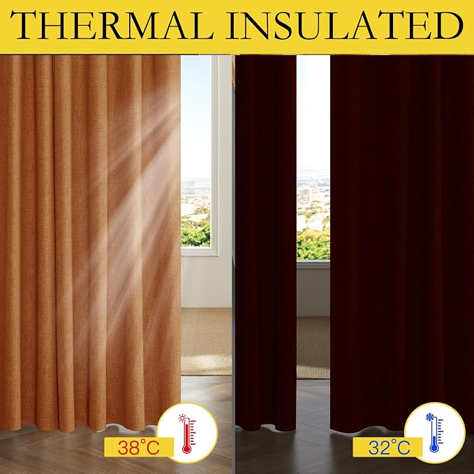 NICETOWN 100% Blackout Burnt Orange Curtains, W52 x L90 in, Thick Linen Blend Rod Pocket & Back Tab, Thermal Insulated Draperies with Grey Liner for Bedroom, Living Room(Set of 2, Terracotta)