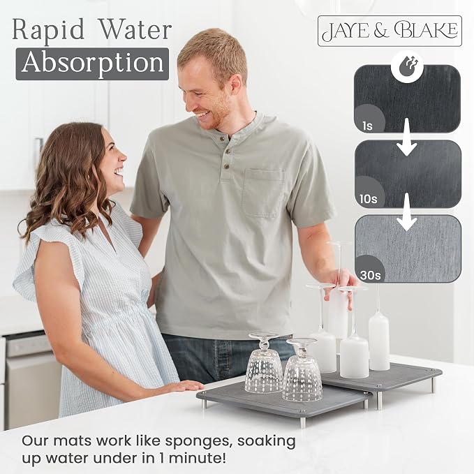 2 PCs Nesting Stone Dish Drying Mats for Kitchen Counter - Absorbent Quick Drying Diatomaceous Earth Stone Drying Mat with Non-Slip Feet - Heat Resistant & Odorless Dish Drying Stone Mat - Gray Solid
