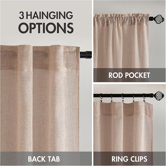 MIULEE Natural Beige Linen Curtains 72 Inch Length 2 Panels for Bedroom Living Room, Soft Linen Textured Window Drapes Semi Sheer Light Filtering Back Tab Rod Pocket Farmhouse Burlap Look Decor