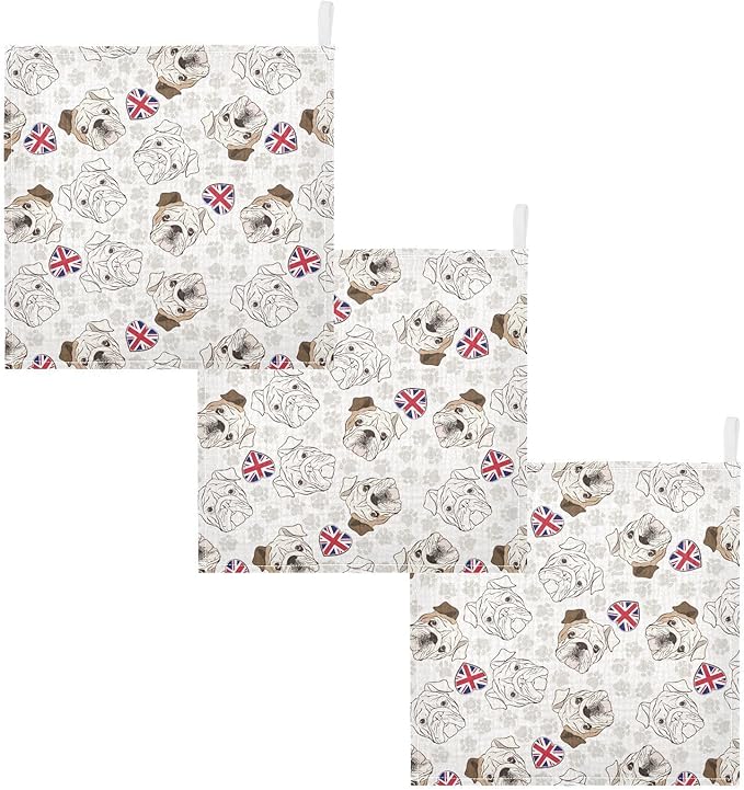 Baby English Bulldog Muslin Washcloths 3 Pack - Muslin Burp Cloths Hanky Large 11.8"X11.8" Extra Soft Absorbent Baby Burp Rags for Newborn 100% Cotton for Boys Girls Gift