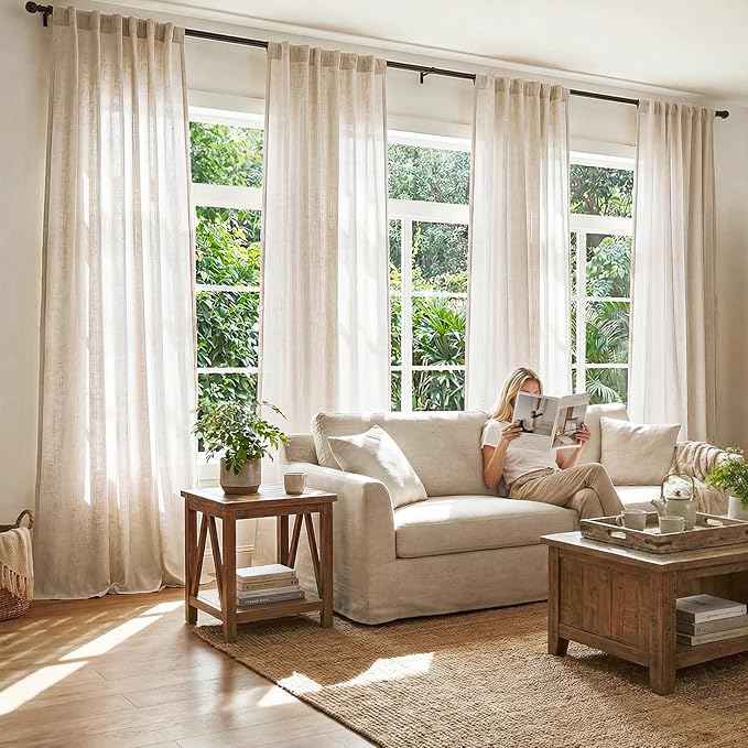 jinchan Beige Linen Blend Curtains 96 Inches Length 2 Panels Floor to Ceiling Curtains for Bedroom Living Room, Semi Sheer 50 Inches Wide Natural Farmhouse Drapes Rod Pocket Back Tab (50W x 96L, Ecru)