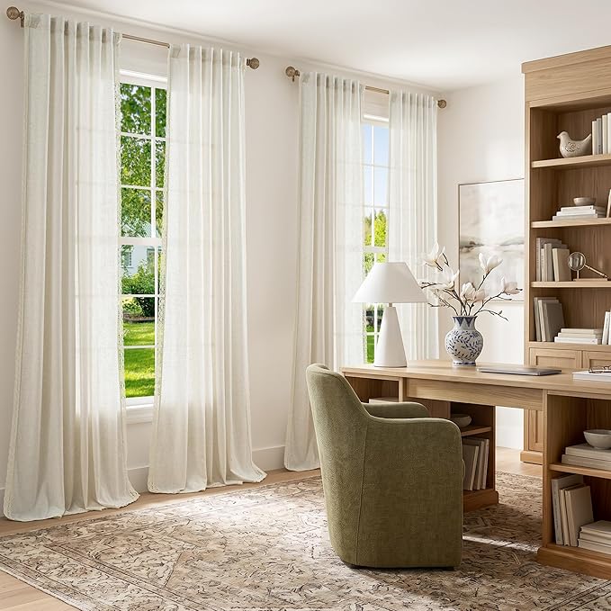 jinchan Linen Curtains for Living Room Bedroom Light Filtering Semi Sheer Curtains Boho Farmhouse French Country Cottage Core Decor Window Drapes Back Tab 96 Inch Length Laced Beige