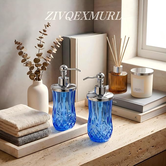 2 Pack 9 Oz Glass Soap Dispenser with Stainless Steel Pump, Blue Round Textured Refillable Soap Dispenser with Vertical Fluting for Lotion, Hand Soap, Body Wash, Kitchen Bathroom Counter Organizer