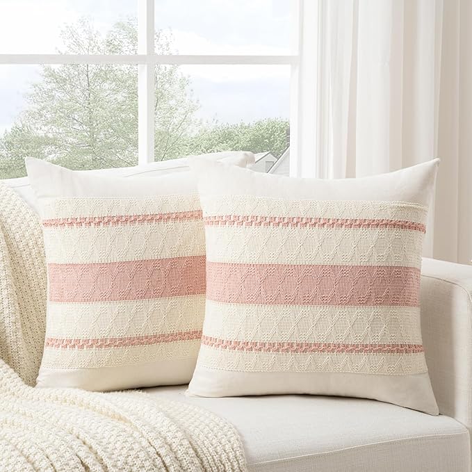 Fancy Homi Set of 2 Boho Pink Decorative Throw Pillow Cover 16x16 Inch for Couch Bed Sofa, Aesthetic Modern Organic Farmhouse Home Decor, Soft Cotton Cute Accent Macrame Woven Cushion Case