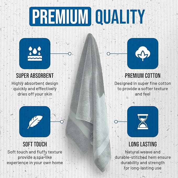 TOWELTIQUE- Organic Cotton Plush Bath Towels Pack of 6 GOTS & Oeko- TEX Certified | Premium Soft, Absorbent & Quick-Drying Towels for Bathroom, Gym, Spa & Hotel Use – Light Gray