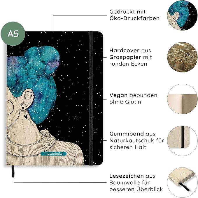 Sustainable and Vegan notebooks A5 in Sweet Grass Paper, Nari, 138 Pages, Nature, Handmade, Made in Germany (Blue Starry Sky (Lined))