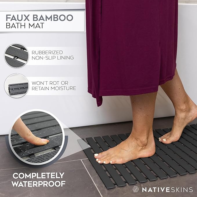 NativeSkins Faux Bamboo Shower Mat (Black), Non-Slip Safety Lining, Waterproof, Quick-Drying, Eco-Style Slatted Bath Mat for Spa, Sauna - Large 16.9 x 30.7 in