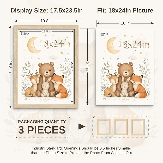 VCK 18x24 Poster Frame 3 Pack - Natural Oak Solid Wood Picture Frames with Exclusive Wood Grain, Wall Hanging