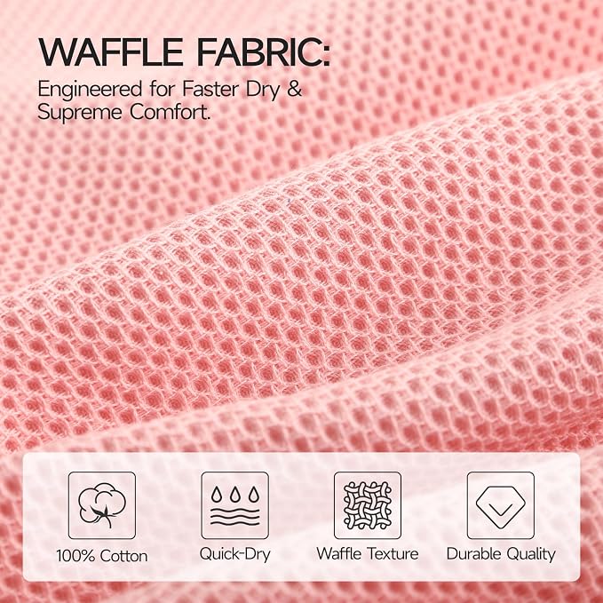 REDKISS Quick Dry Waffle Towel Set of 8, 100% Cotton,Lightweight & Highly Absorbent Waffle Towels for Bathroom, Spa, Gym, Pool-2 Bath Towels, 2 Hand Towels & 4 Washcloths,Pink